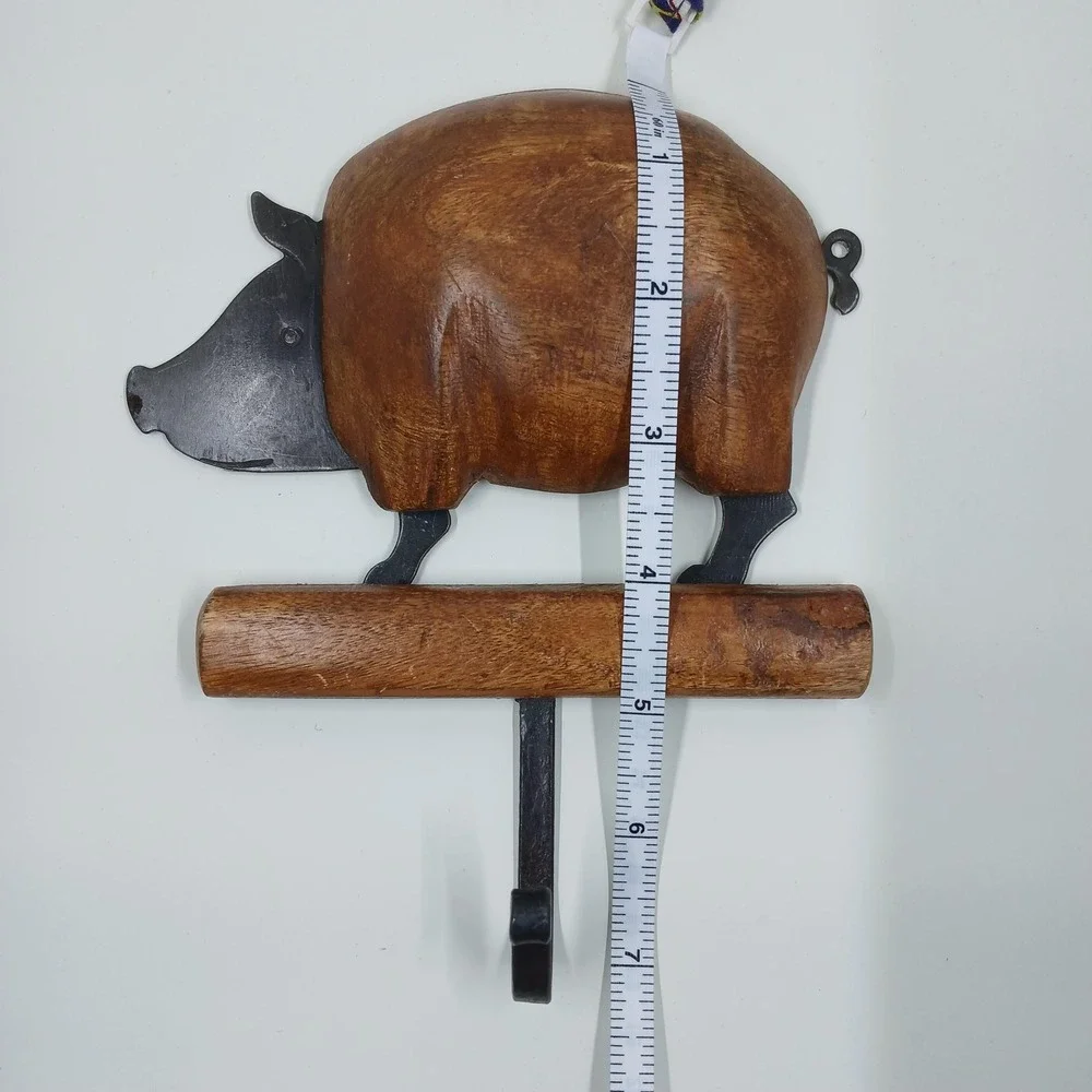 Pier 1 Pig Wall Hook Rustic Wood Metal Farmhouse Kitchen Towel Coat‎ Hanger Bath